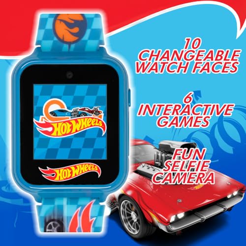 Hot Wheels Interactive Kids Smartwatch – Touchscreen Watch with Camera, Games, Voice Recorder, Step Tracker, Alarm & Timer – Racing-Inspired Design, USB Rechargeable – Fits Wrists 5.5" to 8", Blue