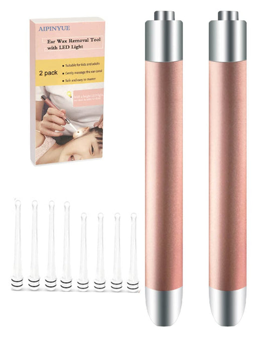 AIPINYUE Ear Wax Removal Tool,Ear Pick,LED Lights Ear Cleaning Kit,Updated Version、Non-Slip,Soft Safety Spoon Head、BPA Free,Replaceable and Easy to Clean,Safe Material (Two Golden)