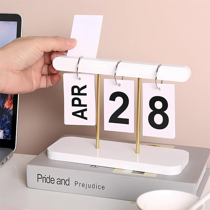 Azonee Flip Calendar For Desk, Wooden Perpetual Calendar With Large Display Daily Wooden Desk Calendar for Office, Home, Classroom, Reusable Office Desk Decor Desk Accessories (White)
