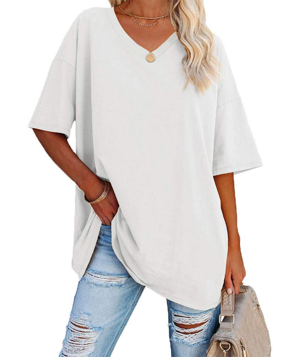 Women's Casual Oversized T Shirts Short Sleeve V Neck Basic Plain Cotton Tee Tops.