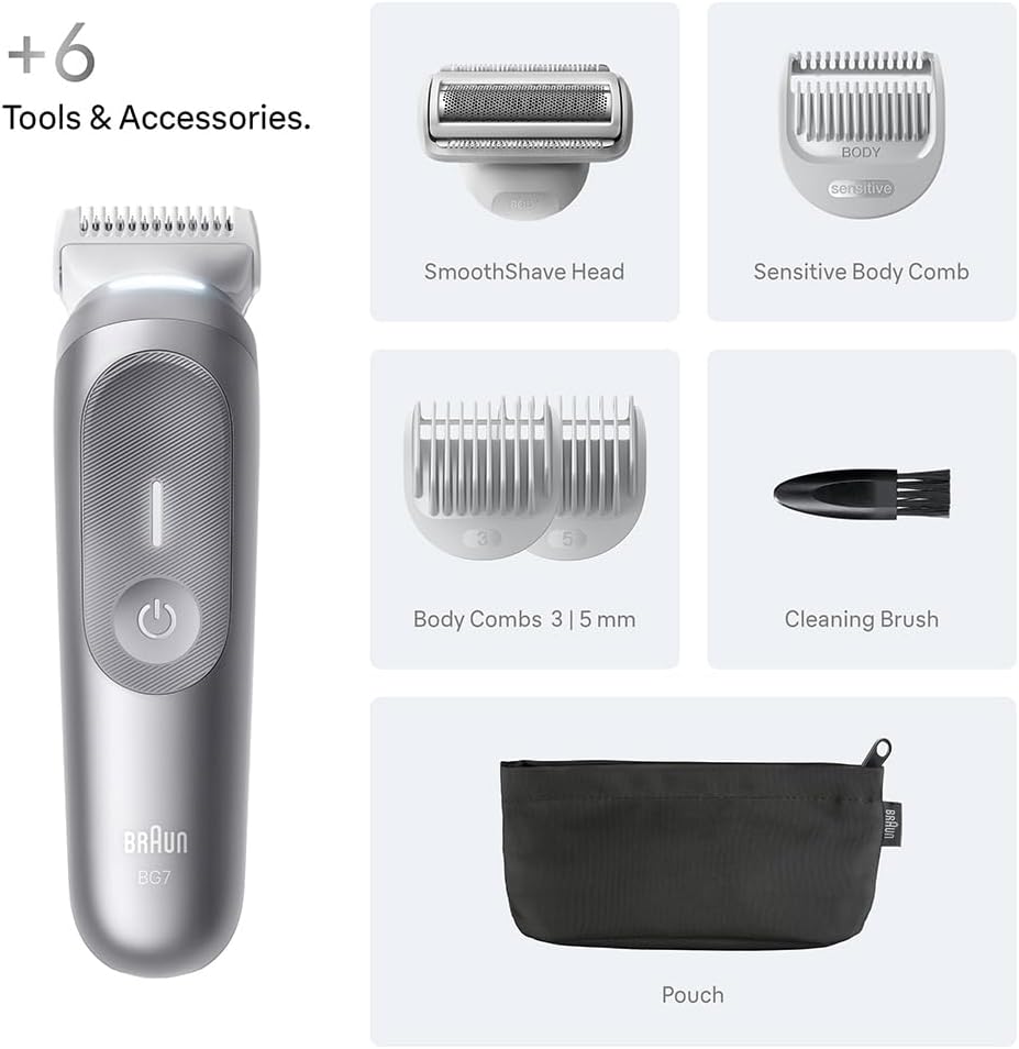 Braun Series 7 Body Groomer for Men, Body, Chest, Armpits, legs & Pubic Hair Trimmer with Smartlight & SkinGuard, 8-in-1 Grooming Kit, Waterproof with 6 Attachments, 100-Min Runtime, BG7550 Grey