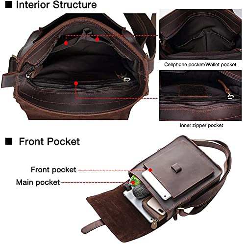 I0I&I0I Genuine Leather Messenger Bag for Men Small Retro Satchel Flap Crossbody Shoulder Bag Fits 10" Tablet, Dark Brown