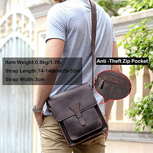 I0I&I0I Genuine Leather Messenger Bag for Men Small Retro Satchel Flap Crossbody Shoulder Bag Fits 10" Tablet, Dark Brown
