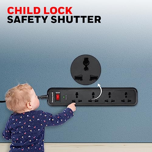 Honeywell Surge Protector, 4 Universal Sockets, 2 Meter Cord, 15000Amp, Device Secure Warranty, Automatic Overload Protection, Spike Guard/Extension Board, Master Switch, 3Year Manufacturer Warranty