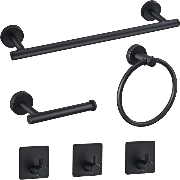 MIXDE 6 PCS Bathroom Hardware Set, MIXDE Stainless Steel Round Wall Mounted - Includes 16" Hand Towel Bar, Towel Ring,Toilet Paper Holder, 3 Robe Towel Hooks,Bathroom Accessories Kit(Matte Black)