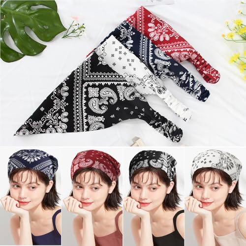 HOOTO 4 Pack Hair Scarf Headband for Women, Elastic Boho Triangle Bandana Head Scarf, Non Slip Paisley Print Headbands Hair Scarves for Women and Girls, Hair Accessories