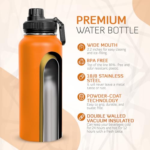 HYDRO HYPE Stainless Steel Water Bottle 1L,Double Wall Flask 32Oz,Thermos for Sports,Gym,Kids School,Home,Office,Vacuum Insulated,Water Bottle Combo 1 Silicon Finger Stretch Trainer(Tangy Orange)
