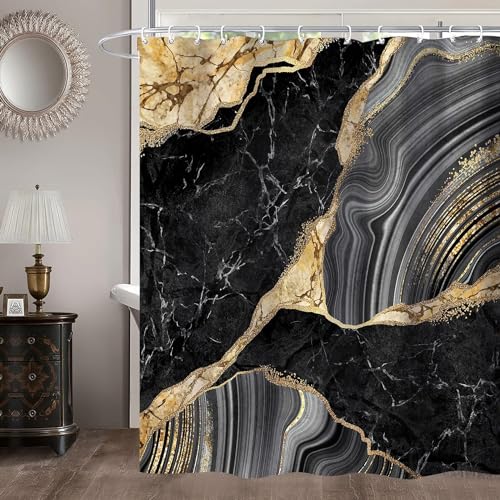 Miyotaa Black Gold Marble Shower Curtain Set 60Wx71H Inches Ink Texture Luxury Abstract Decorative Stone Polyester Waterproof Cloth Bathroom Curtain with 12 Hooks