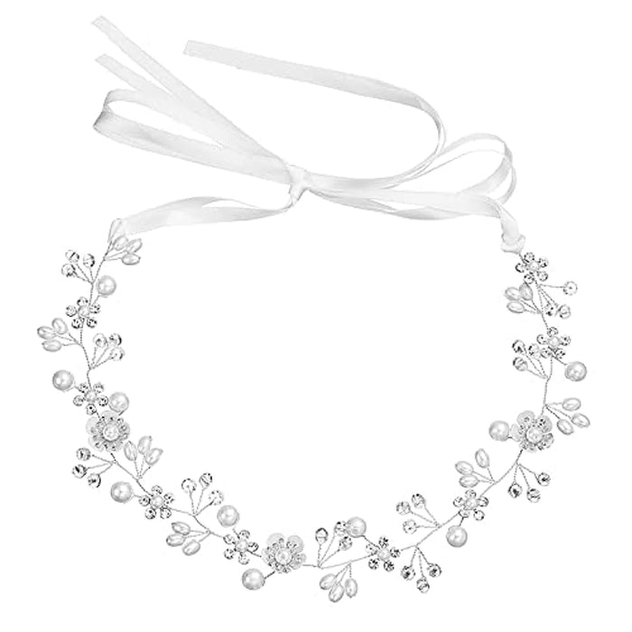 Flower Wedding Hair Accessory, Crystal Pearl Bridal Headband Flower Hair Vine Silver Bride Headband for Women and Girls