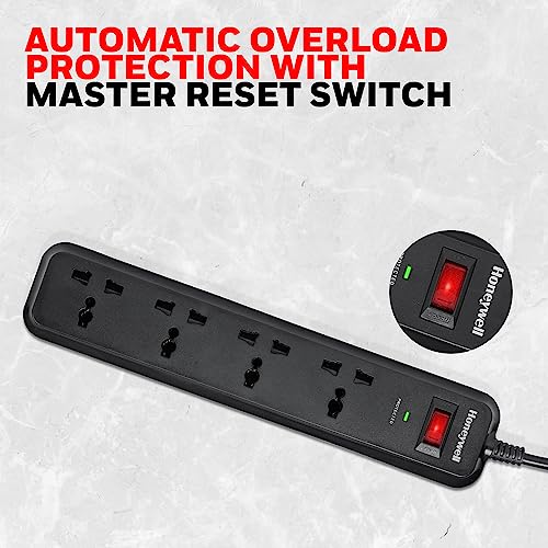 Honeywell Surge Protector, 4 Universal Sockets, 2 Meter Cord, 15000Amp, Device Secure Warranty, Automatic Overload Protection, Spike Guard/Extension Board, Master Switch, 3Year Manufacturer Warranty