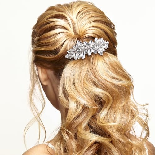 HINZIC Sparkly Rhinestone Hair Clip Silver Crystal Prom Barrettes Wedding Engagement Pageant Formal Dressy Decorative Accessories for Bride Women Girls Thick Long Hair