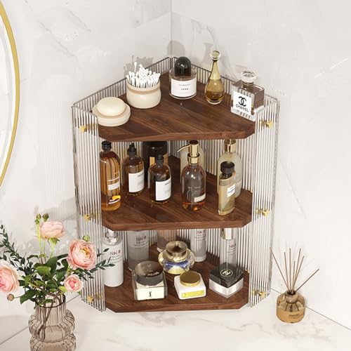 Baoly 3-Tier Bathroom Organizer Countertop - Skincare and Makeup Corner Wall Shelf, Solid Wood Triangular Light Luxury Tray, Kitchen Corner Standing Rack