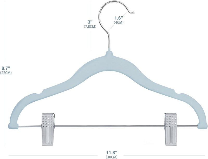 ManGotree 11.8'' Baby Velvet Hangers with Movable Clips, Non-slip Kids Clothes Hangers, Ultra-thin Space-saving Children's Felt Hangers for Shirts, Pants, Dresses, Skirts, Jackets (16 Pack, White)