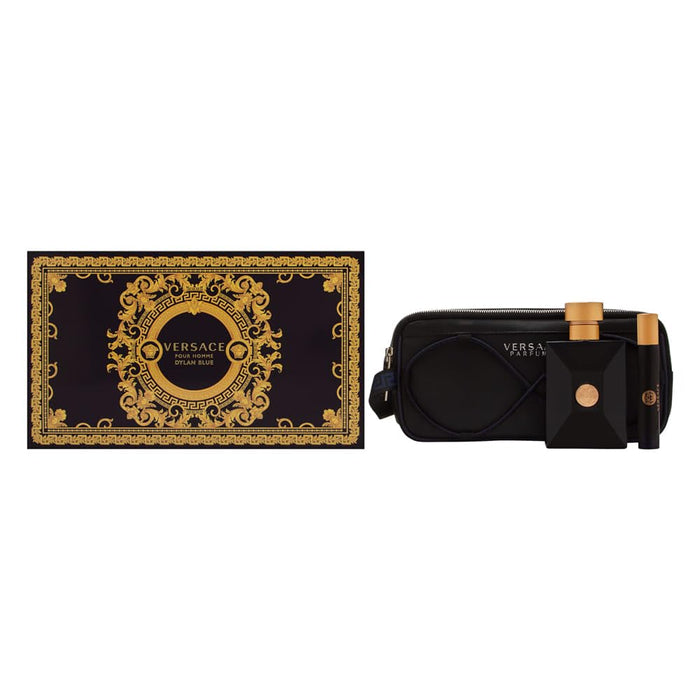 Versace Dylan Pour Natural EDT Spray and Cosmetic Bag 3-Piece Gift Set for Men, Blue