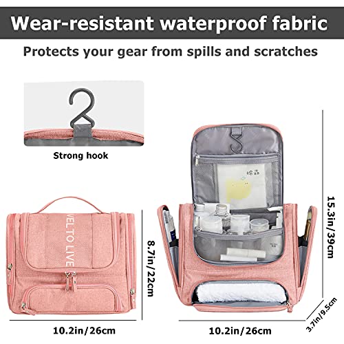 Hanging Toiletry Bag, Upgraded Hanging Travel Organizer Kit Full Sized Water-resistant Makeup Cosmetic Bag Large Capacity Storage Bag for Accessories, Shampoo, Full Sized Container, Toiletries (Pink)