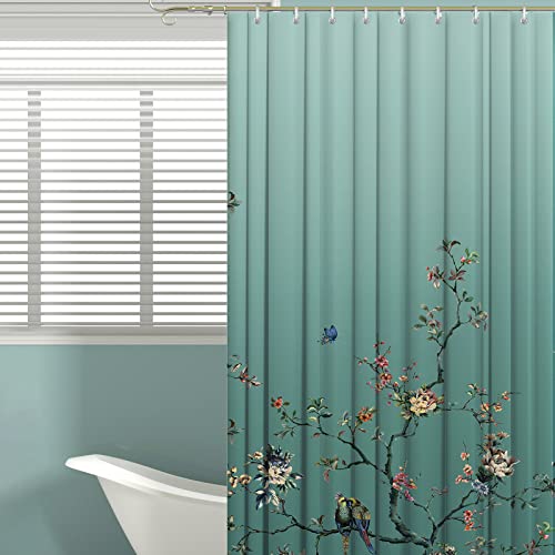 LIVETTY Ombre Green Floral Shower Curtain Birds 72x78 inches with 12 Hooks Mint Light Green Shower Curtain Turquoise Teal Butterfly Fabric Bathroom Curtain Washable Quick-Drying