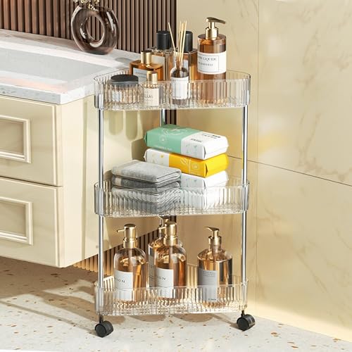 U-HOOME 3-Tier Clear Bathroom Storage Cart with Wheels, Modern Style Corner Shelf Organizer, Shower Caddy