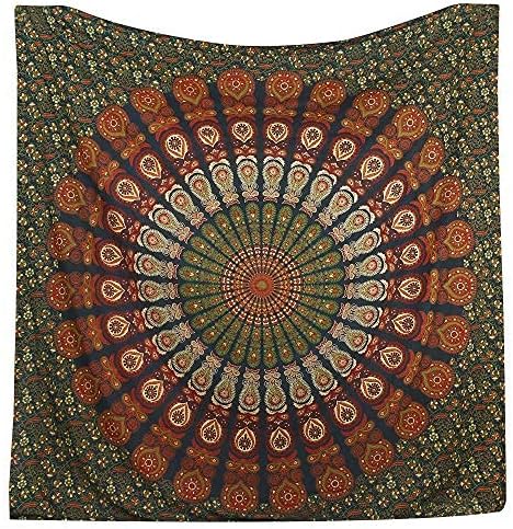Bless International, Indian Wall Hanging Psychedelic Hippie Bohemian Peacock Mandala Tapestry Bed Sheet Gold Pink Blue King 225x265cm