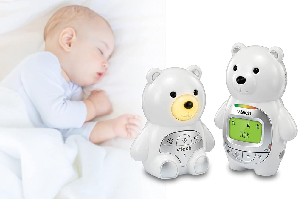 VTech Baby Bear Digital Audio Monitor with up to 1,000 ft of Range Vibrating Sound Alert Talk Back Intercom Temperature Indicator Night Light Loop & Parent Unit, White
