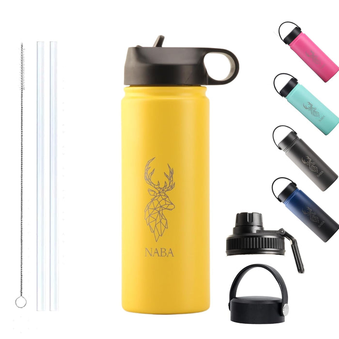 NABA Stainless Steel Water Bottle 600ML With a Wide Mouth-Double Wall Vacuum Flask Hot Insulated Thermos Water Bottle For Kids, School-Coldest Gym Bottles,Sports - 3 Lids,2 Straws (Yellow, 20oz)