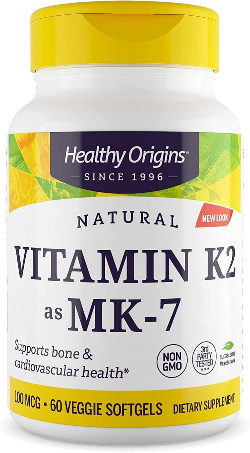 Healthy Origins Vitamin K2 as MK-7, 100 mcg - K2 Vitamin Supplement for Heart Health, Bone Health & Calcium Metabolism - Gluten-Free Supplements - 60 Veggie Softgels