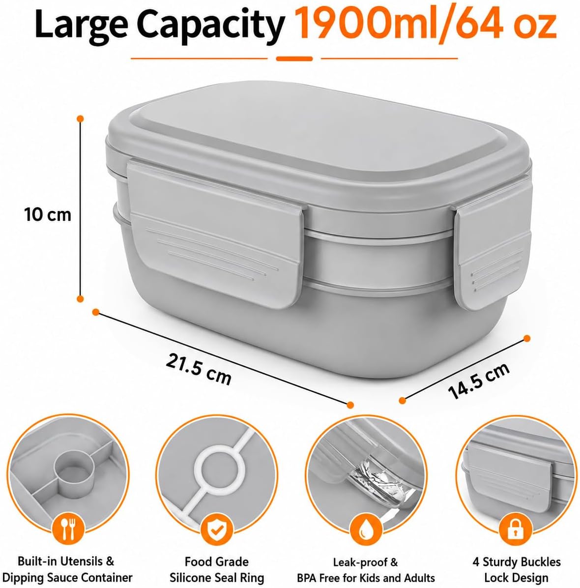 3-Layer Bento Lunch Box with Lunch Bag, Stackable Food Container with Built-in Cutlery Set for Kids, Adults, School, Office and Picnic(Grey) – image 3