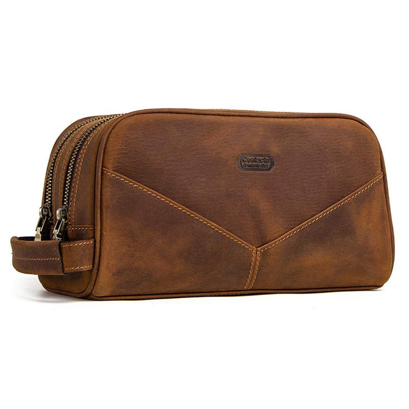 Hiram Genuine Leather Cosmetic Bag For Men, Vintage Crazy Horse Leather Man Make Up Bags, Small Travel Bags, Male Toiletry Bag (Brown)