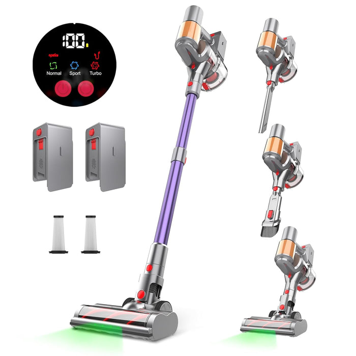 Cordless Vacuum Cleaner, 2 Batteries 120 Mins Runtime, 550W 45KPA Stick Vacuum with Self-Standing, Tangle-Free Brush, LED Display, Vacuum Cleaner for Home Hardwood Floor, Carpet, Pet Hair (purple)