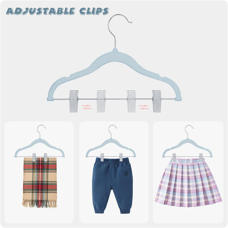 ManGotree 11.8'' Baby Velvet Hangers with Movable Clips, Non-slip Kids Clothes Hangers, Ultra-thin Space-saving Children's Felt Hangers for Shirts, Pants, Dresses, Skirts, Jackets (16 Pack, White)