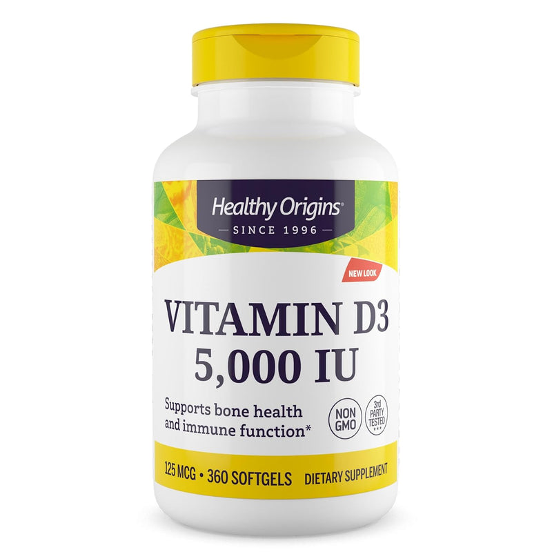 Healthy Origins Vitamin D3 5,000 IU - Bone Health and Immune Support Supplement - Easily Absorbable Vitamin D Supplements - Gluten-Free Vitamin D3 Supplement - 360 Softgels
