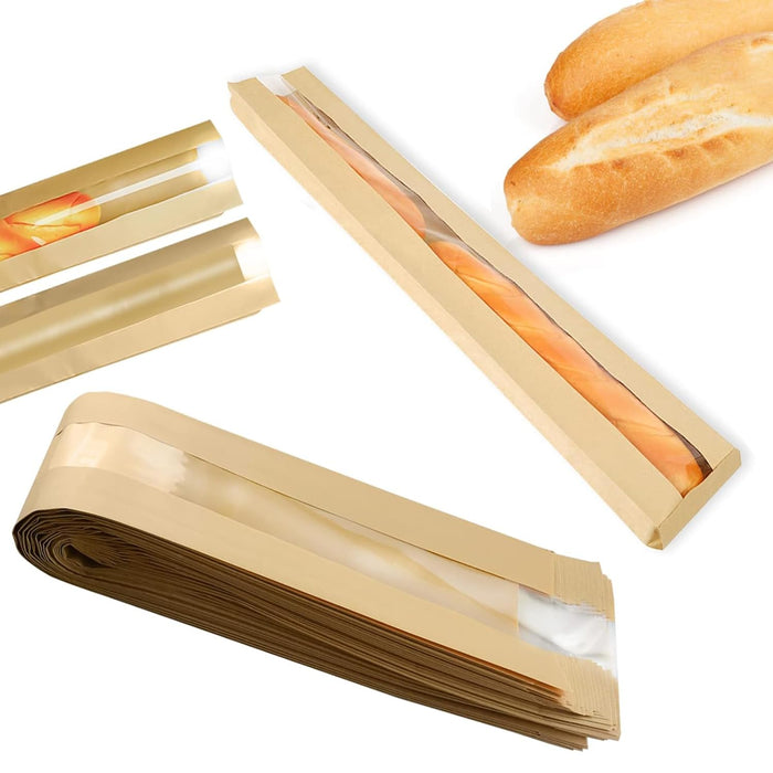 Excefore Baguette Bread Bags, 100 Pack Baguette Kraft Bags with Clear Front Window, Fresh Bread Loaf Packing Bags, Long Bread Kraft Paper Bakery Storage Bag for Homemade Bread, Sandwich (23"x4"x1.6")