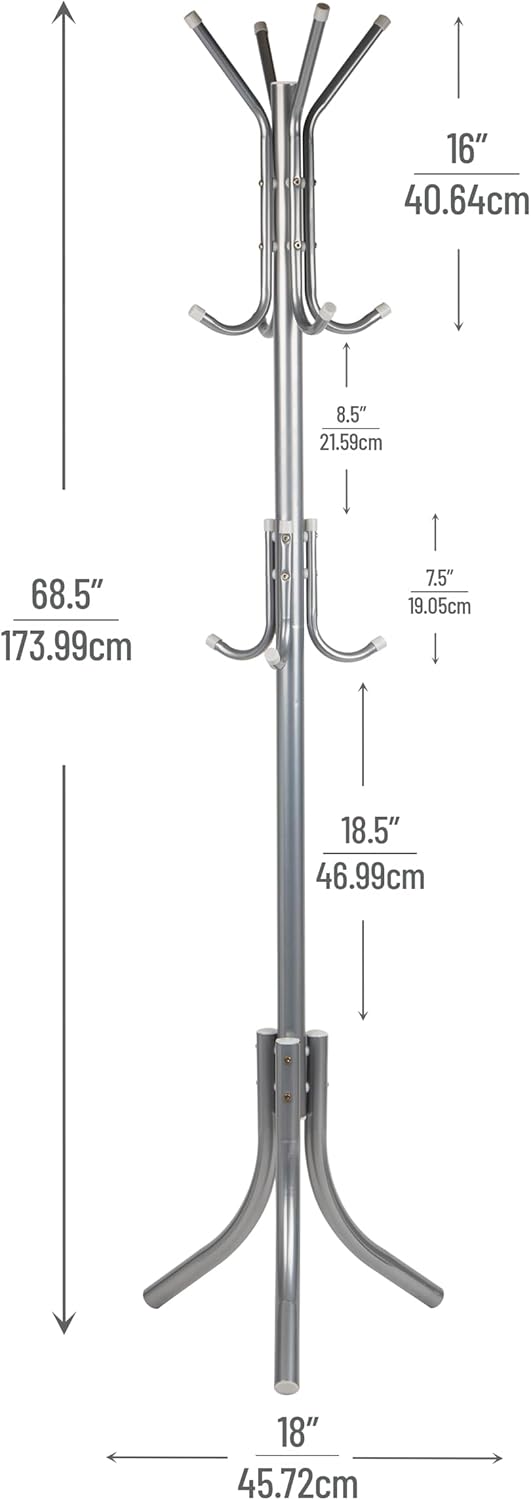 Mind Reader COATRACK11 Standing Metal Coat Rack Hat Hanger 11 Hook for Jacket, Purse, Scarf Rack, Umbrella Tree Stand, Black