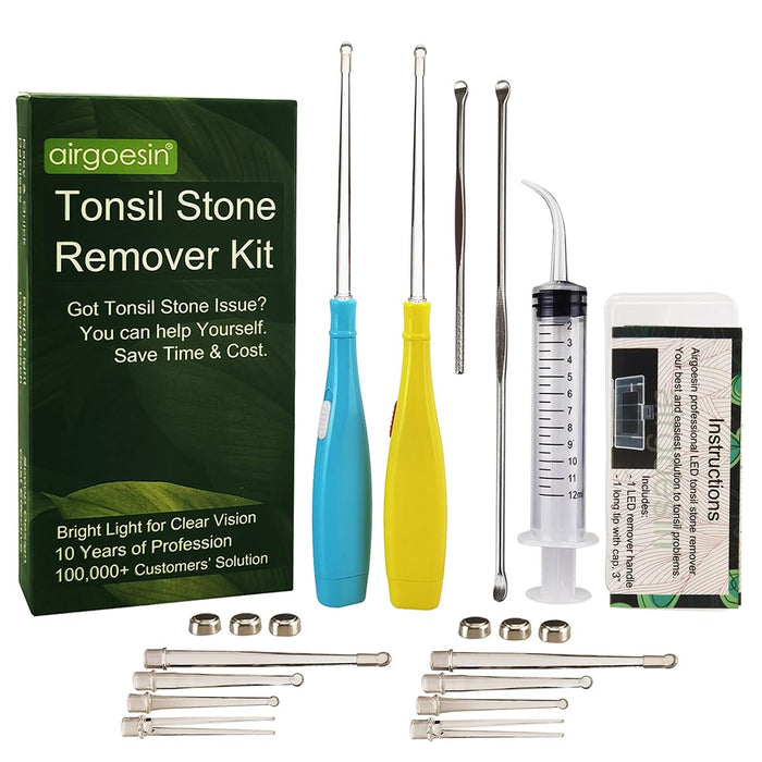 Airgoesin™ 2 Lighted Earwax Removal or Tonsil Stone Remover Tool, 6 Tips, Tonsillolith Pick Case + Irrigator Clean