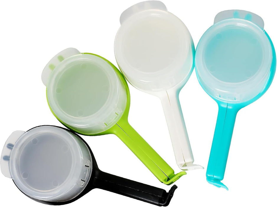 4PCS Food Bag Clips with Pour Spouts ? Food Storage Sealers for Snacks, Chips, Cereal, Coffee, Rice, Flour, Pet Food, and More ? Reusable Plastic Clips in 4 Colors, One Size