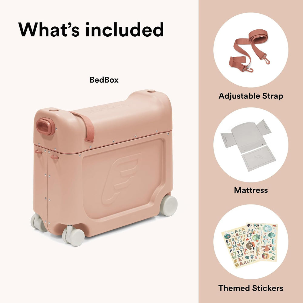JetKids BedBox, Coral Pink - Ride-On Suitcase for Kids 2-7 Years Old (Up to 35 kg) - Transforms Into Bed - Includes Mattress, Decorative Stickers & Adjustable Carrying Strap
