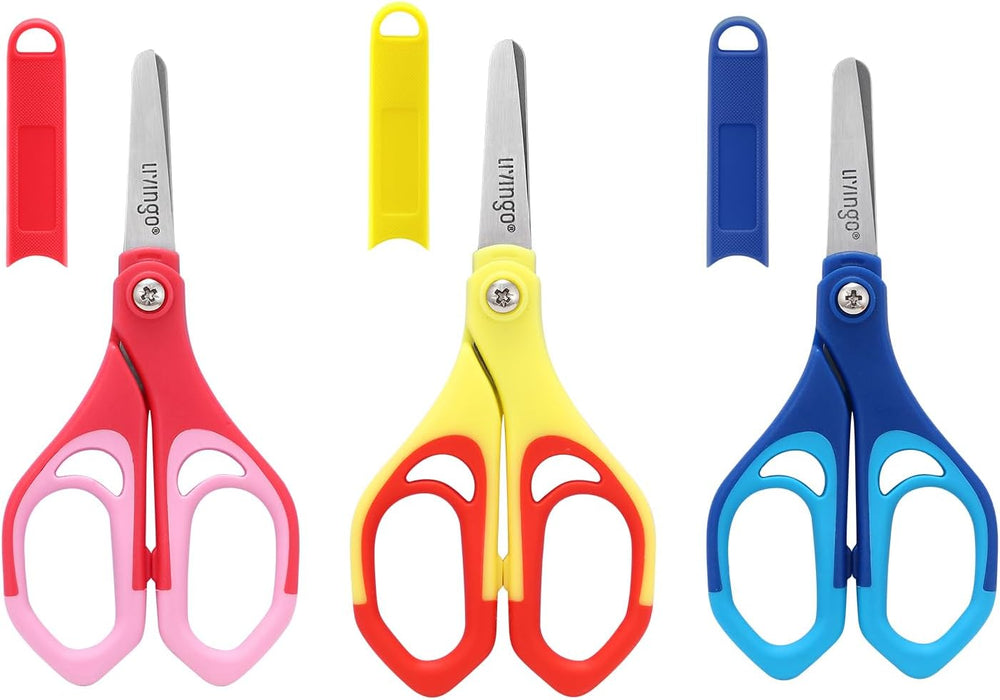 LIVINGO 3 Pack 5" Small Blunted Student Kids Craft Scissors Pink Red Blue Sharp School Scissors Stainless Steel Blades Safety Comfort Grip Handles for Children Cutting Paper