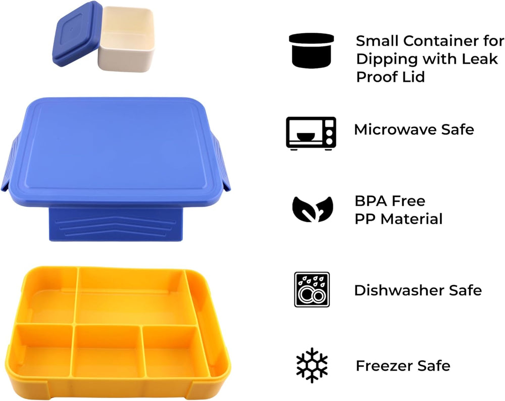 Bento Lunch Box for Kids - 1330ml Leak Proof BPA Free Lunchbox with 5 Compartments, Cutlery & Sauce Bowl Microwave Safe Tiffin for School, Office Bento Box for Boys (Blue)