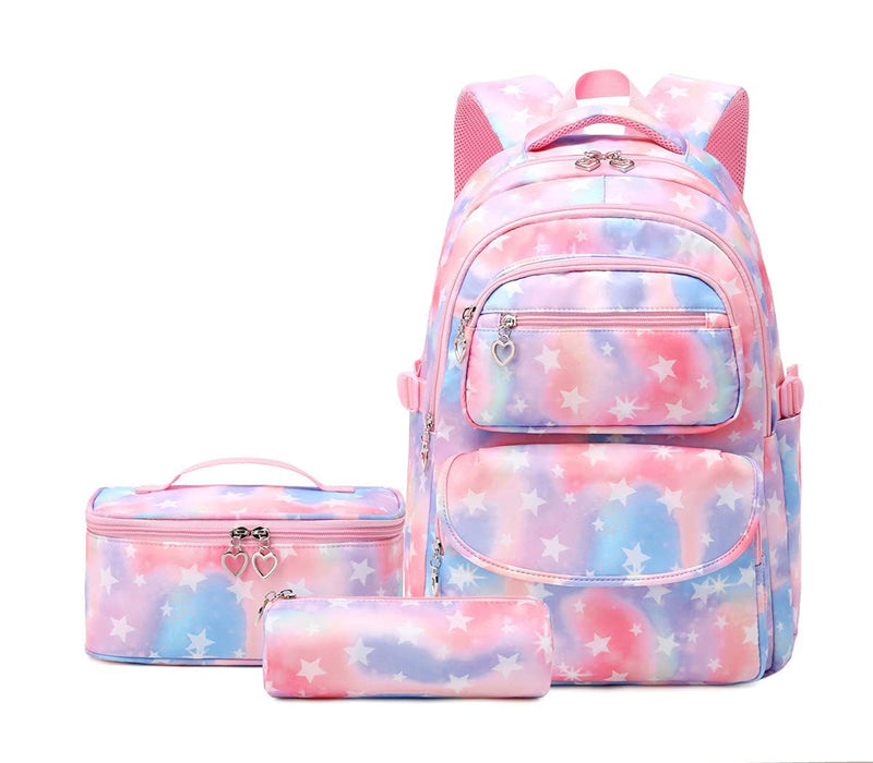 Azonee 3Pcs Colorful Star Prints Backpack Sets, Kids Bookbag Primary School Middle School Daypack Elementary Students Knapsack for Girls (Pink)