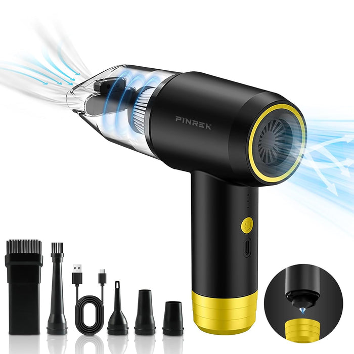 PINREK 6-in-1 Mini Car Vacuum Cleaner, Cordless Vacuum Cleaner Portable Air Duster Blower with Brushless Motor, 12000PA High Power Electric HandHeld Vacuum Cleaner for Car, Home, Sofa, Carpet, Bed