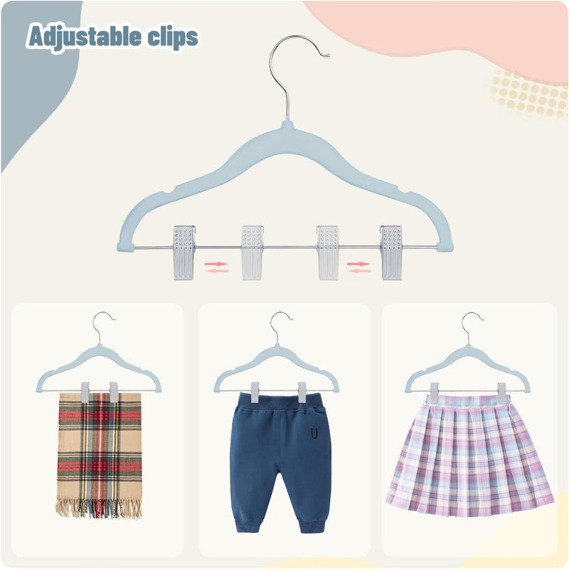 ManGotree 11.8'' Baby Velvet Hangers with Movable Clips, Non-Slip Kids Felt Hangers, Ultra-Thin Space-Saving Children's Clothes Hangers for Skirts, Pants, Dresses, Shirts, Jackets (7 Pack, Blue)