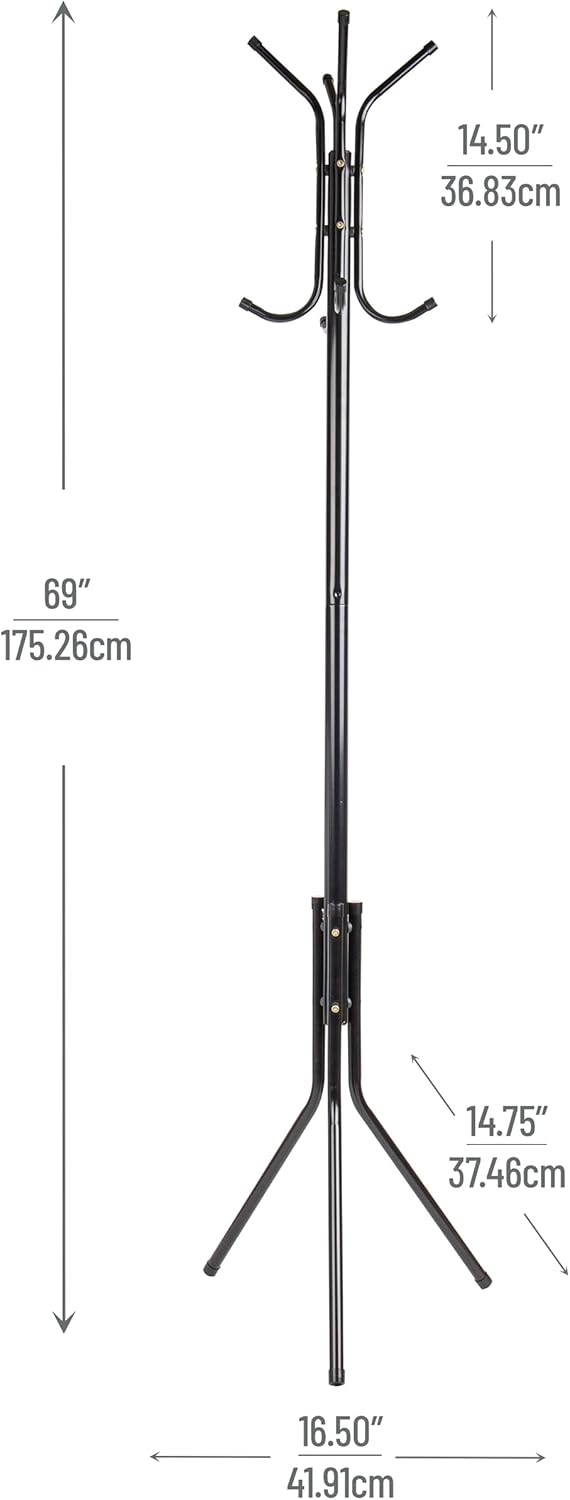 Mind Reader COATRACK11 Standing Metal Coat Rack Hat Hanger 11 Hook for Jacket, Purse, Scarf Rack, Umbrella Tree Stand, Black