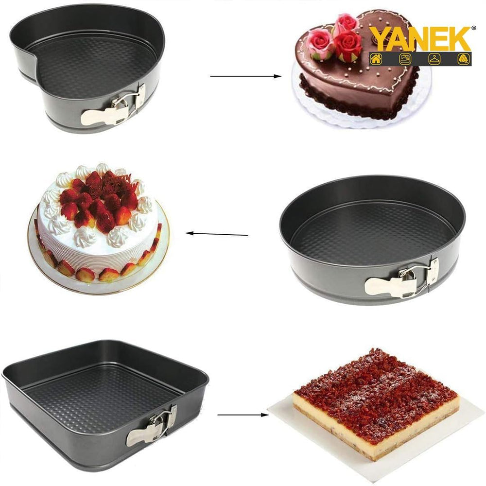 Yanek 3-Piece Springform Cake Pan Set Includes Square, Heart, & Round Molds Non-Stick, & Leakproof, Easy release For Baking Cakes Tarts & Desserts Durable Bakeware for Home & Professional Use