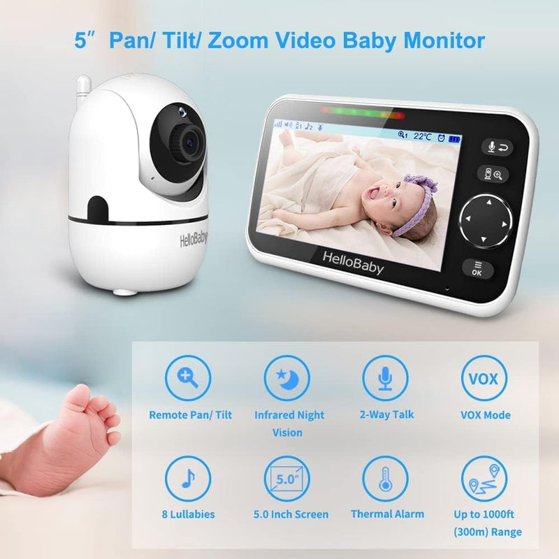 HelloBaby Upgrade Monitor, 5''Sreen with 30-Hour Battery, Pan-Tilt-Zoom Video Baby Monitor with Camera and Audio, Night Vision, VOX, 2-Way Talk, 8 Lullabies and 1000ft Range No WiFi, Ideal Gifts