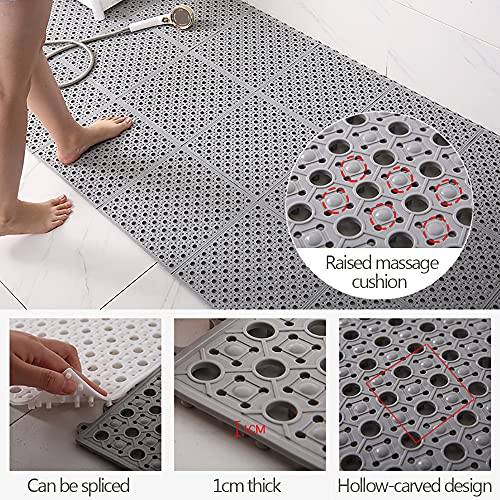 JJONE 3PCS Bath Mat, Non Slip Shower Mat, Bathroom Mats Bathroom Rugs, Interlocking Soft PVC Floor Mats, DIY Floor Mat with Drain Holes for Home Kitchen Bathroom Shower Pool Balcony (A-Light Grey)