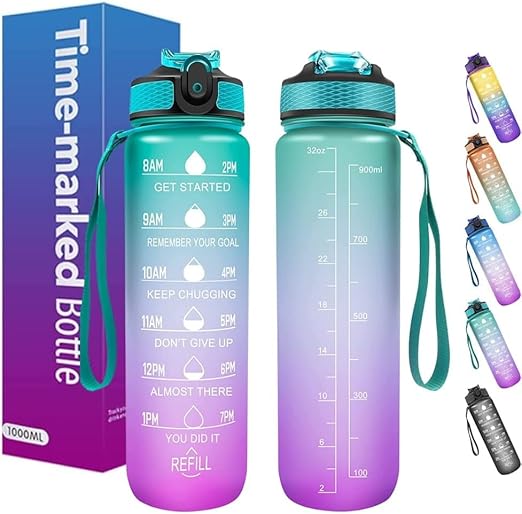 AeDukan Sport Water Bottle 1L / 32oz with Motivational Time Marker Straw Strainer Tritan Plastic BPA Free for kids Fitness Gym Office Outdoor School Sports and Exercise Leak Proof (Green & Purple)