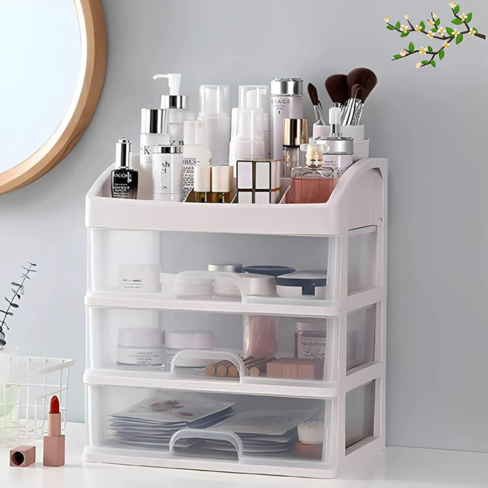 ARCHAEOPTERYX Makeup Organizer with 3 Drawers, Bathroom Vanity Countertop Storage for Cosmetics, Brushes, Lotion, Nail Lipstick and Jewelry For Women And Girls (3 Drawers - White)