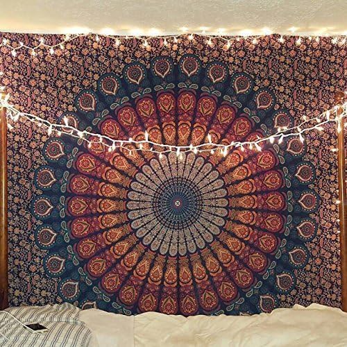 Bless International, Indian Wall Hanging Psychedelic Hippie Bohemian Peacock Mandala Tapestry Bed Sheet Gold Pink Blue King 225x265cm