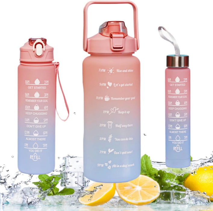 3 Pack Sports Water Bottle With Straw,2L+900ml+500ml, With Time Markings Motivational Fitness, Orange Pink Gredient Color, For Office & Kids (Pink & Blue)