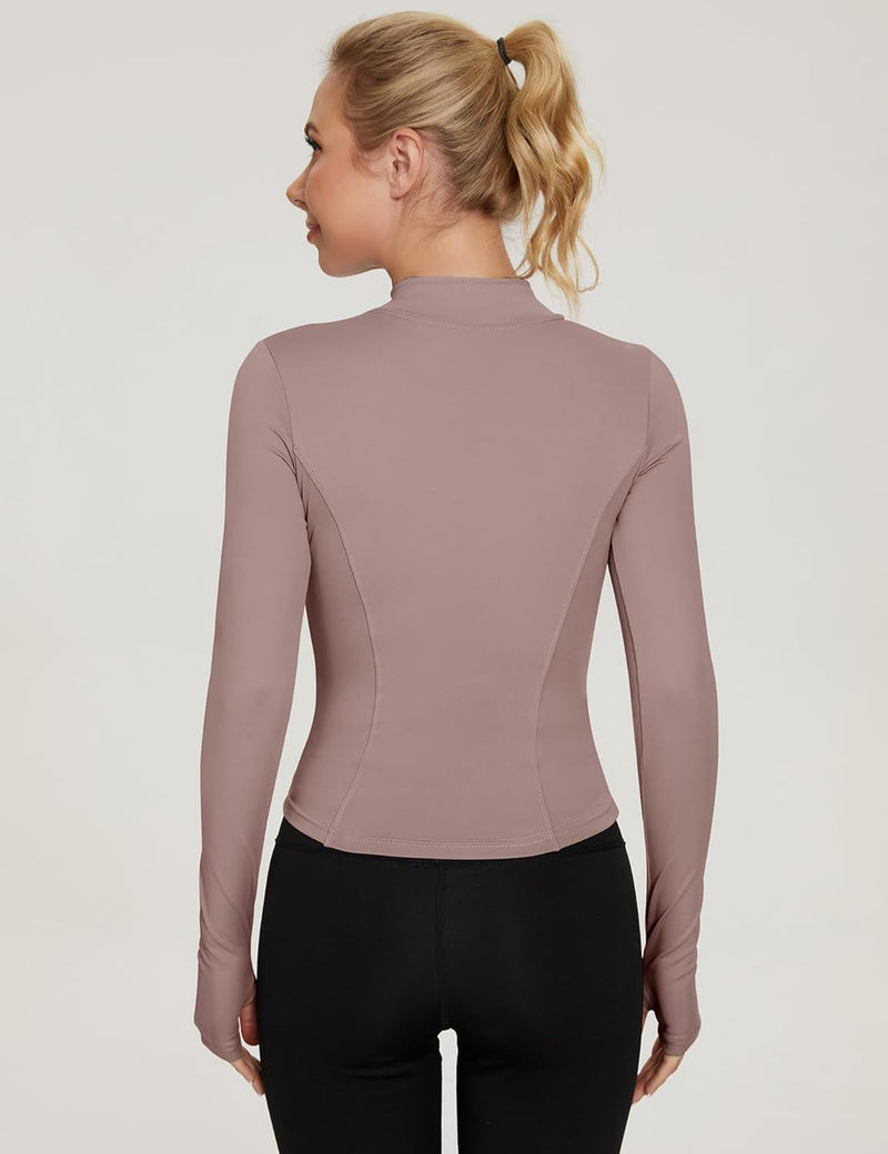 IECCP Women's T-Shirt, Gym Top, Yoga Top, Long-Sleeved Crop Top, Sports Shirt, Lightweight Fitness Top with Half Zipper and Thumb Hole