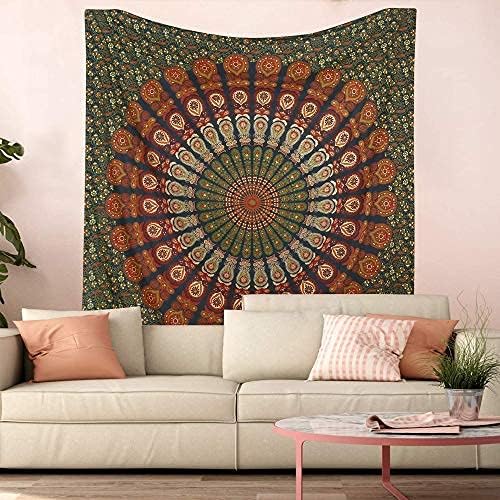 Bless International, Indian Wall Hanging Psychedelic Hippie Bohemian Peacock Mandala Tapestry Bed Sheet Gold Pink Blue King 225x265cm